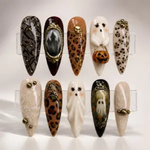 Alternative view of Vintage Gothic Halloween Press On Nails – Ghost, Leopard & Gold 3D Nail Art