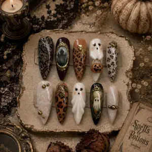 Vintage Gothic Halloween Press On Nails – Ghost, Leopard & Gold 3D Nail Art